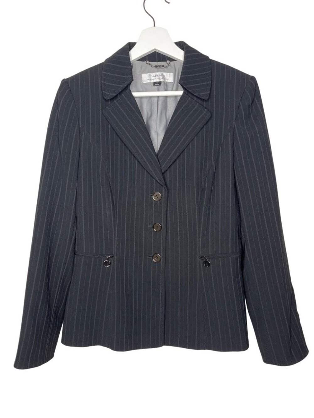 Tahari Arthur S Levine Womens 6 Black Gray Pinstripe Blazer Career Quiet Luxury